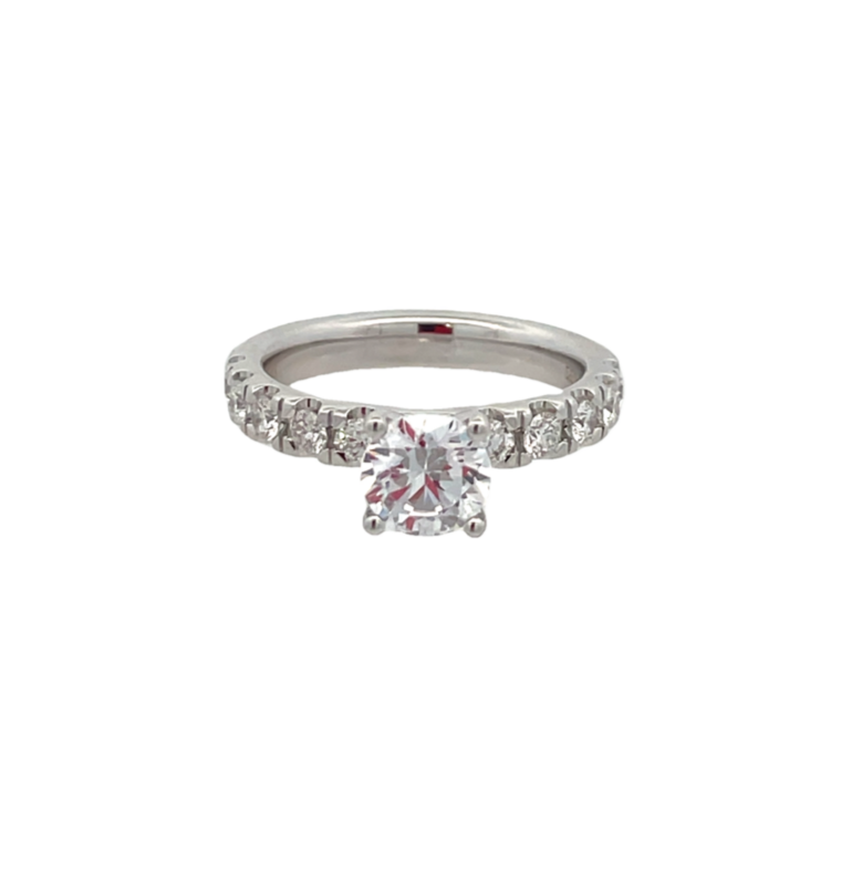 14K WHITE GOLD PRONG SET SEMI-MOUNT RING SIZE 6.5 WITH 10=0.59TW ROUND G-H SI2 DIAMONDS  (4.52 GRAMS)