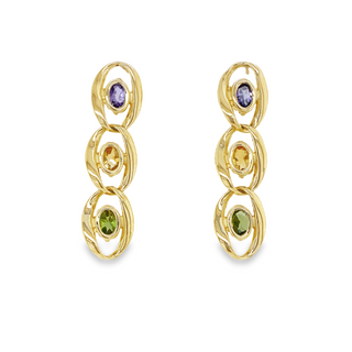 14K YELLOW GOLD DANGLE EARRINGS 2=0.50TW OVAL PERIDOTS  2=0.40TW OVAL CITRINES AND 2=0.40TW OVAL AMETHYSTS GRAM WEIGHT: 6.35 (ESTATE ITEM:  ALL SALES FINAL  AS IS  NO WARRANTY)