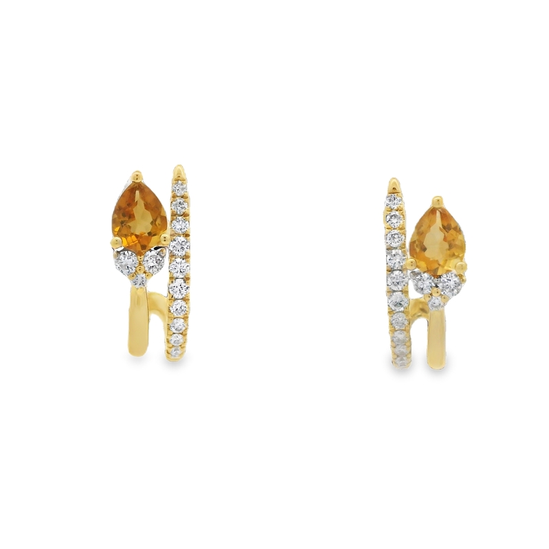 14K YELLOW GOLD HUGGIE EARRINGS WITH 2 = 0.59TW PEAR CITRINES AND 28 = 0.32TW ROUND H SI2 DIAMONDS  (2.52 GRAMS)