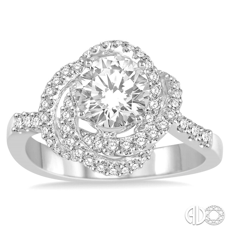 14K WHITE GOLD FLORAL HALO SEMI-MOUNT RING SIZE 7 WITH 74=0.55TW ROUND H-I SI2-SI3 DIAMONDS