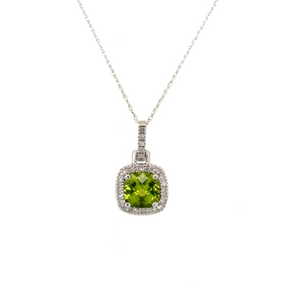 10K WHITE GOLD HALO PENDANT WITH ONE 1.32CT CUSHION PERIDOT AND 29=0.13TW SINGLE CUT I-J I1-I2 DIAMONDS