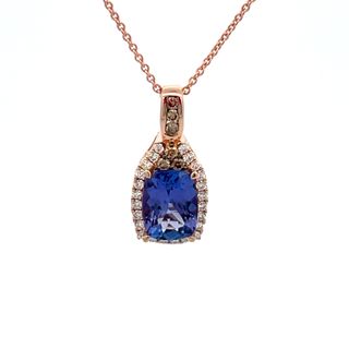 LEVIAN CHOCOLATIER COLLECTION 14K STRAWBERRY GOLD HALO PENDANT ONE 1.25CT RETANGULAR CUSHION BLUEBERRY TANZANITE  24=0.12TW ROUND VS2-SI1 NUDE DIAMONDS  9=0.12TW ROUND SI1 CHOCOLATE DIAMONDS 20