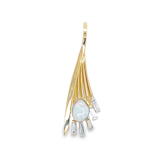 14K YELLOW GOLD SLIDE PENDANT WITH ONE 0.75CT OVAL OPAL AND 4=40.00TW BAGUETTE H-I VS1-VS2 DIAMONDS GRAM WEIGHT:  2.365  (ESTATE ITEM:  ALL SALES FINAL  AS IS  NO WARRANTY)