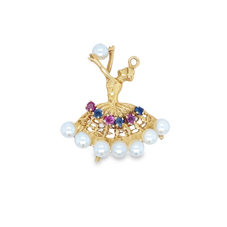 14K YELLOW GOLD BALLERINA PENDANT WITH 8=4.00MM CULTURED PEARLS  3=0.18TW ROUND PINK SAPPHIRES AND 0.18 TW ROUND BLUE SAPPHIRES  GRAM WEIGHT: 3.61 (ESTATE ITEM:  ALL SALES FINAL  AS IS  NO WARRANTY)
