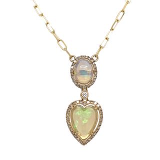 14K YELLOW GOLD DROP PENDANT ONE 7.80X6.00MM OVAL OPAL  ONE 11.00X9.00MM HEART OPAL AND 59=0.27TW SINGLE CUT H-I I1 DIAMONDS WITH 18