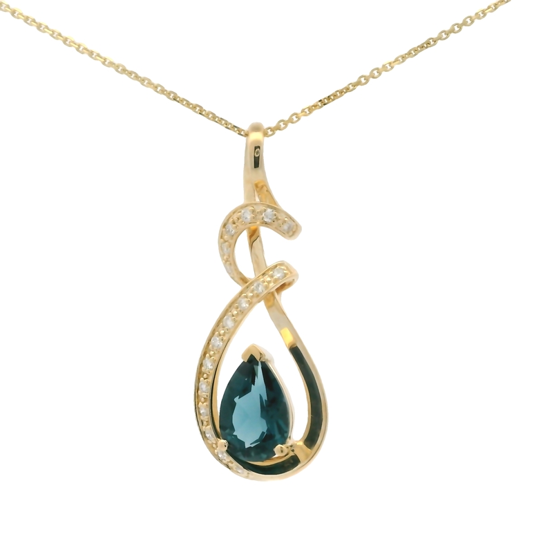 14K YELLOW GOLD PENDANT WITH ONE = 1.60CT PEAR BLUE TOPAZ AND 17 = 0.10TW ROUND H SI2 DIAMONDS 18