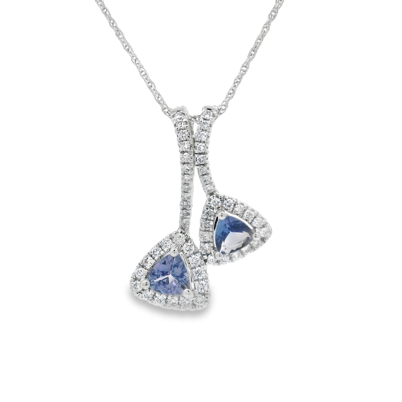 14K WHITE GOLD HALO PENDANT WITH 2 = 0.78TW TRILLIAN TANZANITES AND 50 = 0.37TW ROUND G SI1 DIAMONDS 18