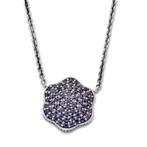 SAMUEL B STERLING SILVER AFLORA FLOWER SHAPE PAVE AMETHYST BIRTHSTONE NECKLACE