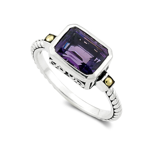 SAMUEL B STERLING SILVER & 18 KARAT YELLOW GOLD SIZE 8 BIRTHSTONE RING WITH AMETHYST