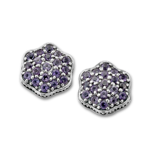SAMUEL B STERLING SILVER FLOWER SHAPE PAVE BIRTHSTONE EARRINGS WITH AMETHYSTS