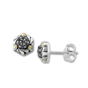 SAMUEL B STERLING SILVER & 18 KARAT YELLOW GOLD PAVE EARRINGS WITH BLACK SPINEL