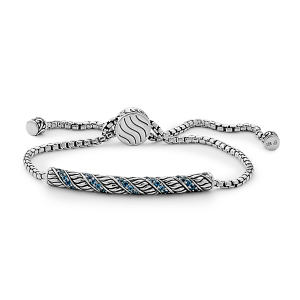 SAMUEL B STERLING SILVER PAVE SWIRL DESIGN BOLO BRACELET WITH BLUE TOPAZ