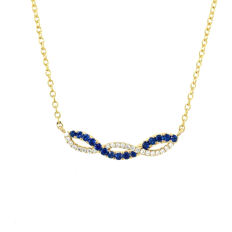 14K YELLOW GOLD TWIST NECKLACE WITH 15=0.38TW ROUND SAPPHIRES AND 22=0.14TW ROUND G-H VS2-SI1 DIAMONDS