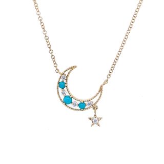 14K YELLOW GOLD CRESCENT MOON AND STAR NECKLACE WITH 3=0.15TW ROUND CABACHON COMPOSITE TURQUOISE AND 5=0.08TW ROUND I I1 DIAMONDS