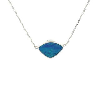 14K WHITE GOLD BEZEL NECKLACE WITH ONE FREEFORM AUSTRALIAN OPAL DOUBLET 18