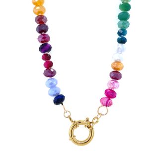 DEE BERKLEY GOLD PLATED NECKLACE WITH 8MM MYSTIC RONDELLE ASSORTED GEMSTONED INCLUDING PINKS  GREENS  ORANGES AND BLUES