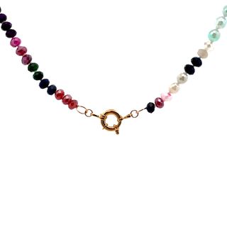 DEE BERKLEY GOLD PLATED NECKLACE WITH 6MM MYSTIC RONDELLE ASSORTED GEMSTONED INCLUDING PINKS  GREENS  ORANGES AND BLUES