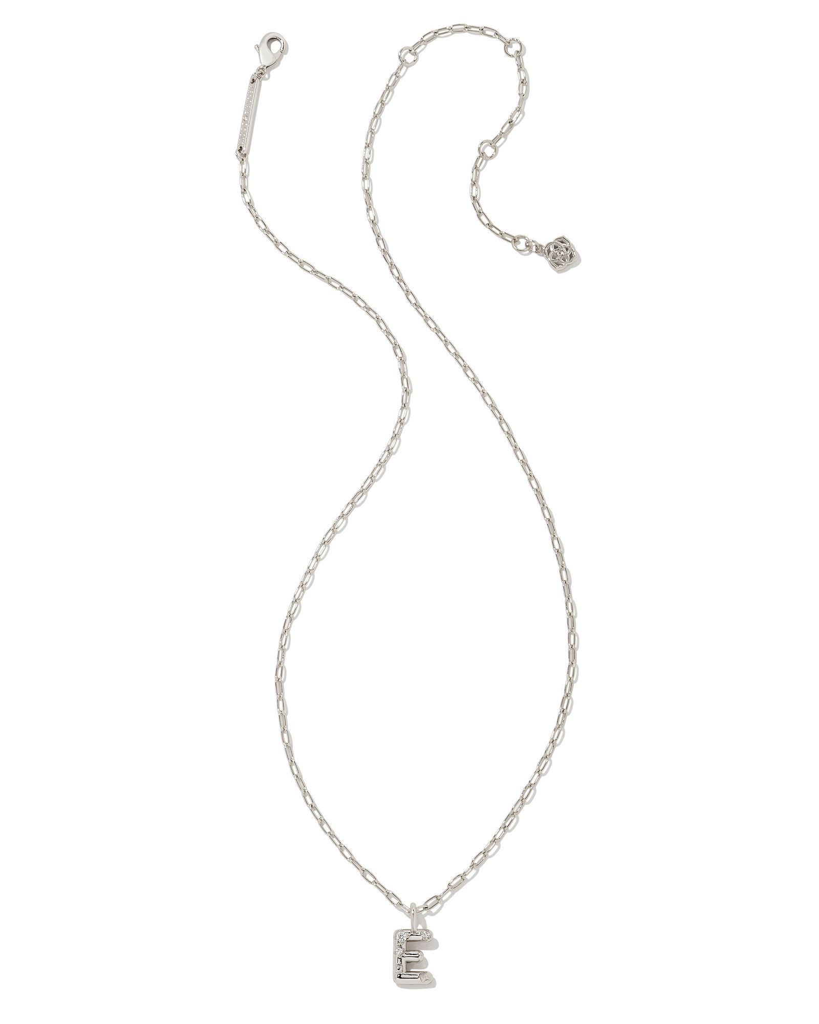 KENDRA SCOTT CRYSTAL LETTER E SHORT PENDANT NECKLACE SILVER WHITE CZ 16” WITH 3” EXTENDER