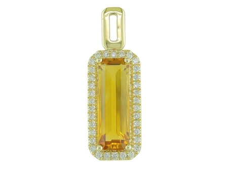 14K YELLOW GOLD HALO PENDANT WITH ONE 2.42CT EMERALD CITRINE AND 34=0.19TW ROUND H-I SI2 DIAMONDS 18