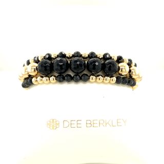 DEE BERKLEY SET OF 3 BRACELETS WITH 4MM GOLD FILLED BEADS WITH 4MM SHINY BLACK AGATE  8MM FACETED SHINY BLACK AGATE AND ALTERNATING 4MM GOLD FILLED BEADS AND 4MM FACETED SHINY BLACK AGATE