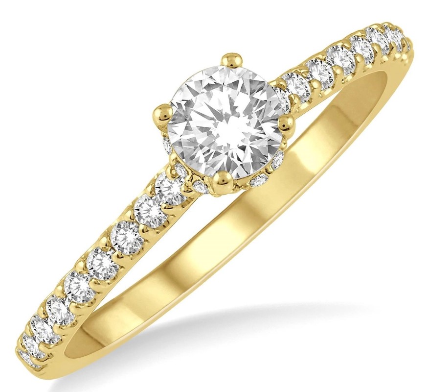 14K YELLOW GOLD HIDDEN HALO ENGAGEMENT RING SIZE 6.75 WITH ONE 0.25CT ROUND H-I SI2-SI3 DIAMOND AND 30=0.20TW ROUND H-I SI2-SI3 DIAMONDS   (1.82 GRAMS)
