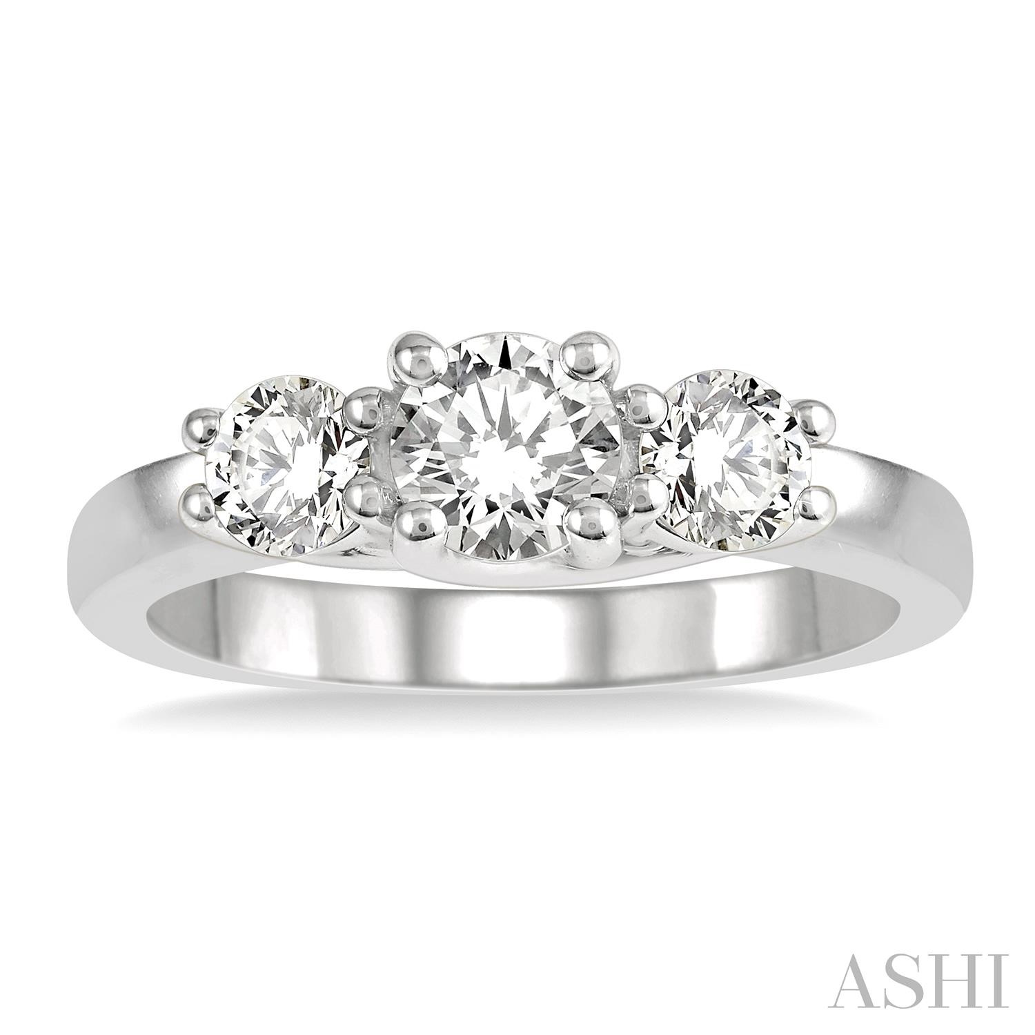 14K WHITE GOLD 3 STONE DIAMOND RING SIZE 6.5 WITH ONE 0.50CT ROUND I-J SI3-I1 DIAMOND AND 2=0.50TW ROUND I-J SI3-I1 DIAMONDS