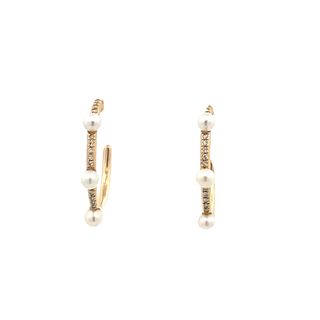SHY CREATION 14K YELLOW GOLD HOOP EARRING WITH 8=2.50X3.00MM CULTURED WHITE PEARLS AND 18=0.09TW SINGLE CUT I I1 DIAMONDS  (2.01 GRAMS)