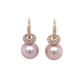 18K ROSE GOLD DANGLE EARRING WITH 2=12.00X13.00MM PINK FRESH WATER PEARLS AND 42=0.57TW ROUND G-H SI1-SI2 DIAMONDS