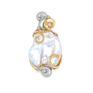 14K YELLOW & WHITE GOLD FREEFORM SLIDE PENDANT WITH ONE FRESH WATER PEARL  GRAM WEIGHT: 17.55 (ESTATE ITEM:  ALL SALES FINAL  AS IS  NO WARRANTY)