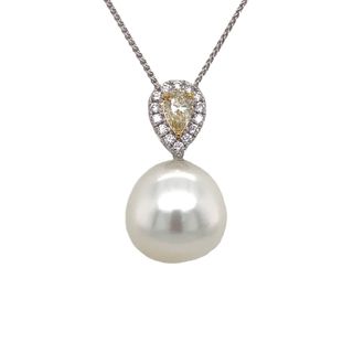 18K WHITE GOLD DROP PENDANT ONE 15.00MM SOUTH SEA PEARL  ONE 0.48CT PEAR YELLOW SI2 DIAMOND AND 14=0.29TW ROUND G-H SI1-SI2 DIAMONDS