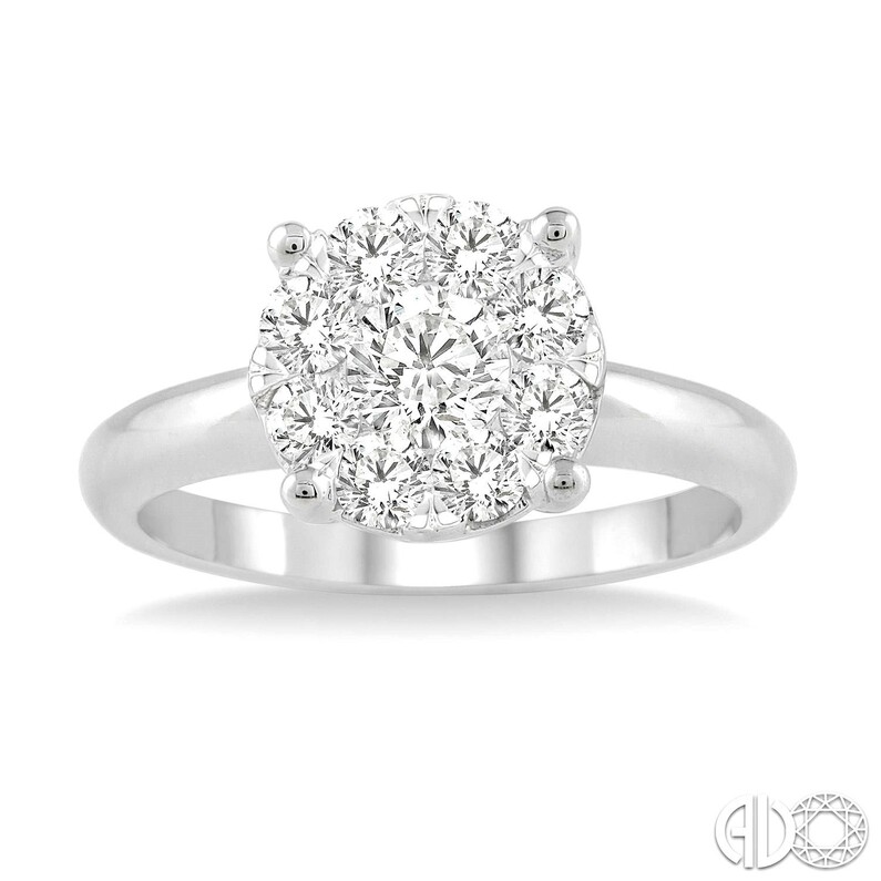 14 KARAT WHITE GOLD CLUSTER ENGAGEMENT RING SIZE 6.5 WITH 9=0.70TW ROUND F-G COLOR SI1-SI2 CLARITY DIAMONDS