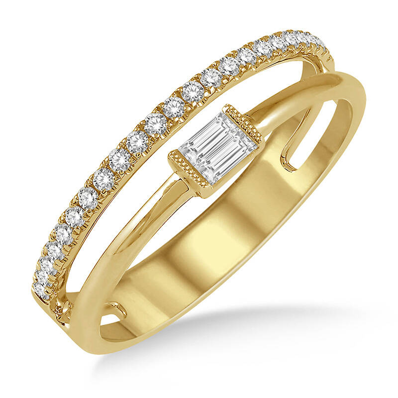 14K YELLOW GOLD DIAMOND FASHION RING SIZE 6.5 WITH 25=0.20TW VARIOUS SHAPES (2 BAGUETTES & 23 ROUNDS) G-H SI2-I1 DIAMONDS   (2.04 GRAMS)