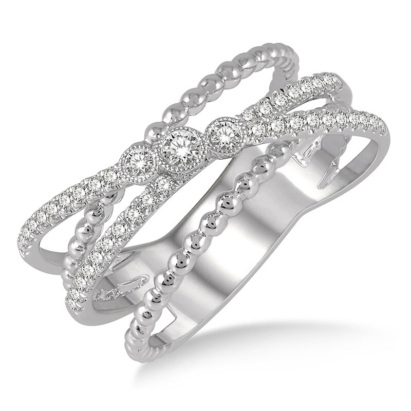 14K WHITE GOLD MILGRAIN CROSSOVER DIAMOND FASHION RING SIZE 7.5 WITH 45=0.35TW ROUND H-I SI2-SI3 DIAMONDS