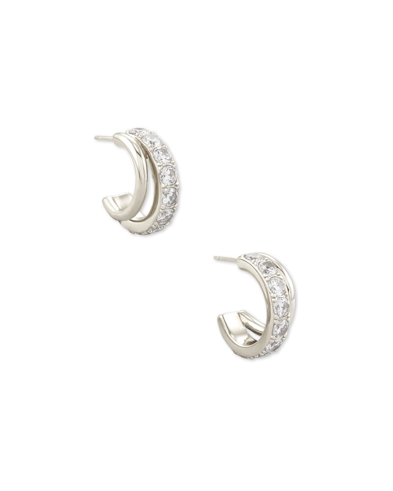 KENDRA SCOTT LIVY RHODIUM PLATED HUGGIE EARRINGS IN WHITE CRYSTAL