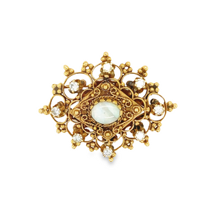 14K YELLOW GOLD PIN WITH ONE 9.00X7.00MM OVAL OPAL AND 8=0.75TW ROUND H-I SI1-SI2 DIAMONDS GRAM WEIGHT: 11.947  (ESTATE ITEM:  ALL SALES FINAL  AS IS  NO WARRANTY)