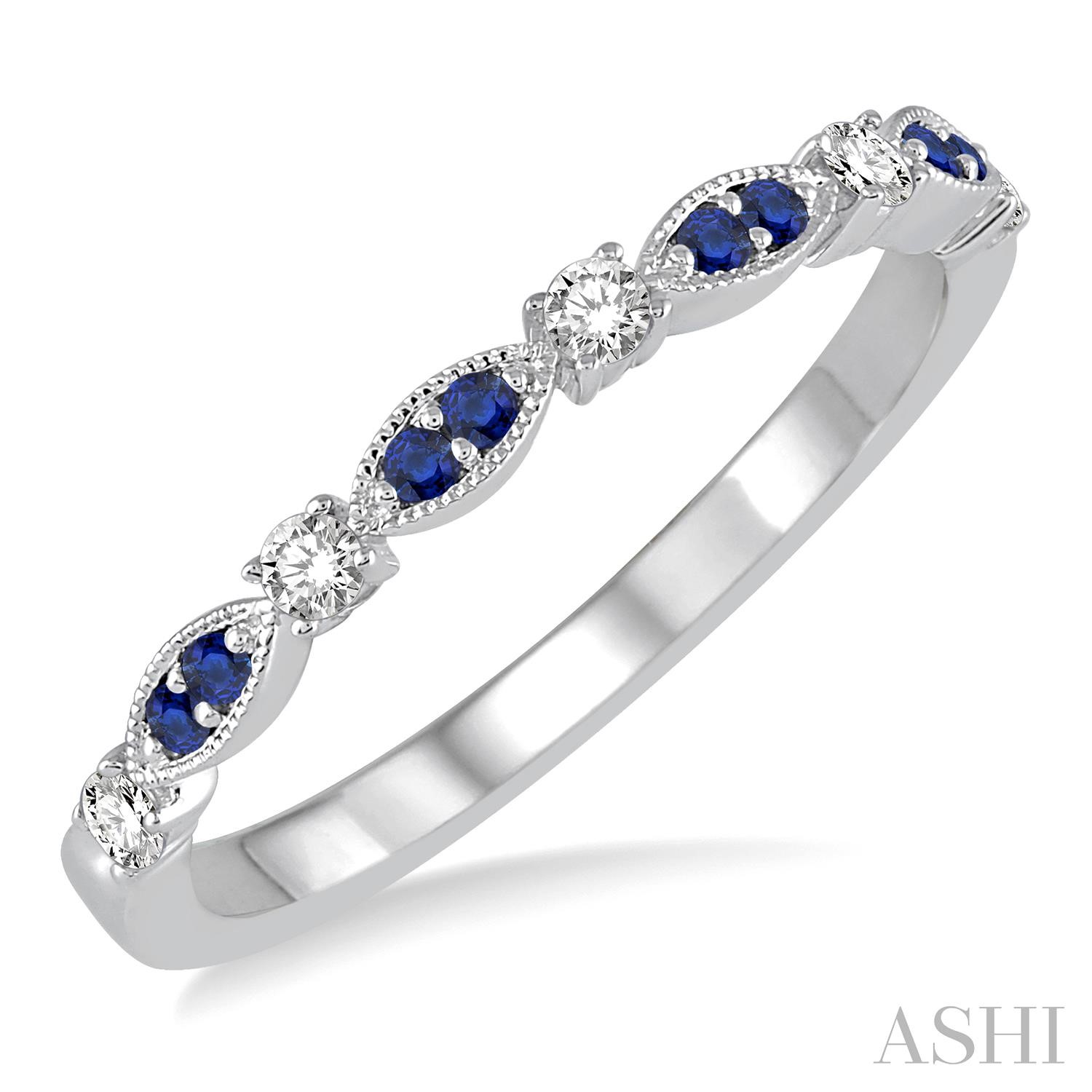 MILGRAIN 14K WHITE GOLD STACKABLE RING SIZE 6.5 WITH 8=1.35MM ROUND BLUE SAPPHIRES AND 5=0.15TW ROUND G-H SI2-SI3 DIAMONDS