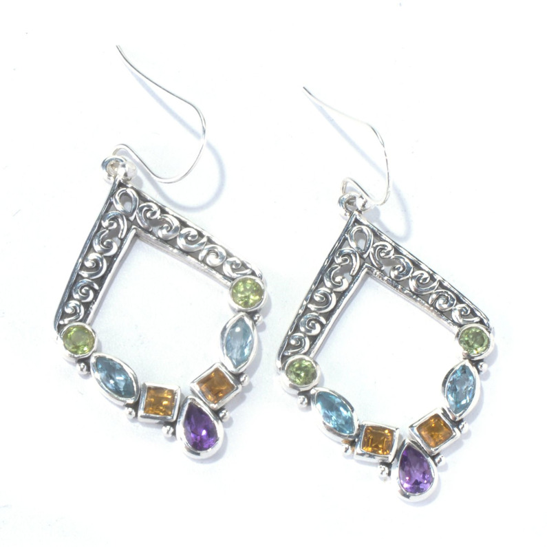 SAMUEL B COLLECTION RIVIERA FILIGREE STERLING SILVER DROP EARRINGS WITH MULTI GEMSTONES