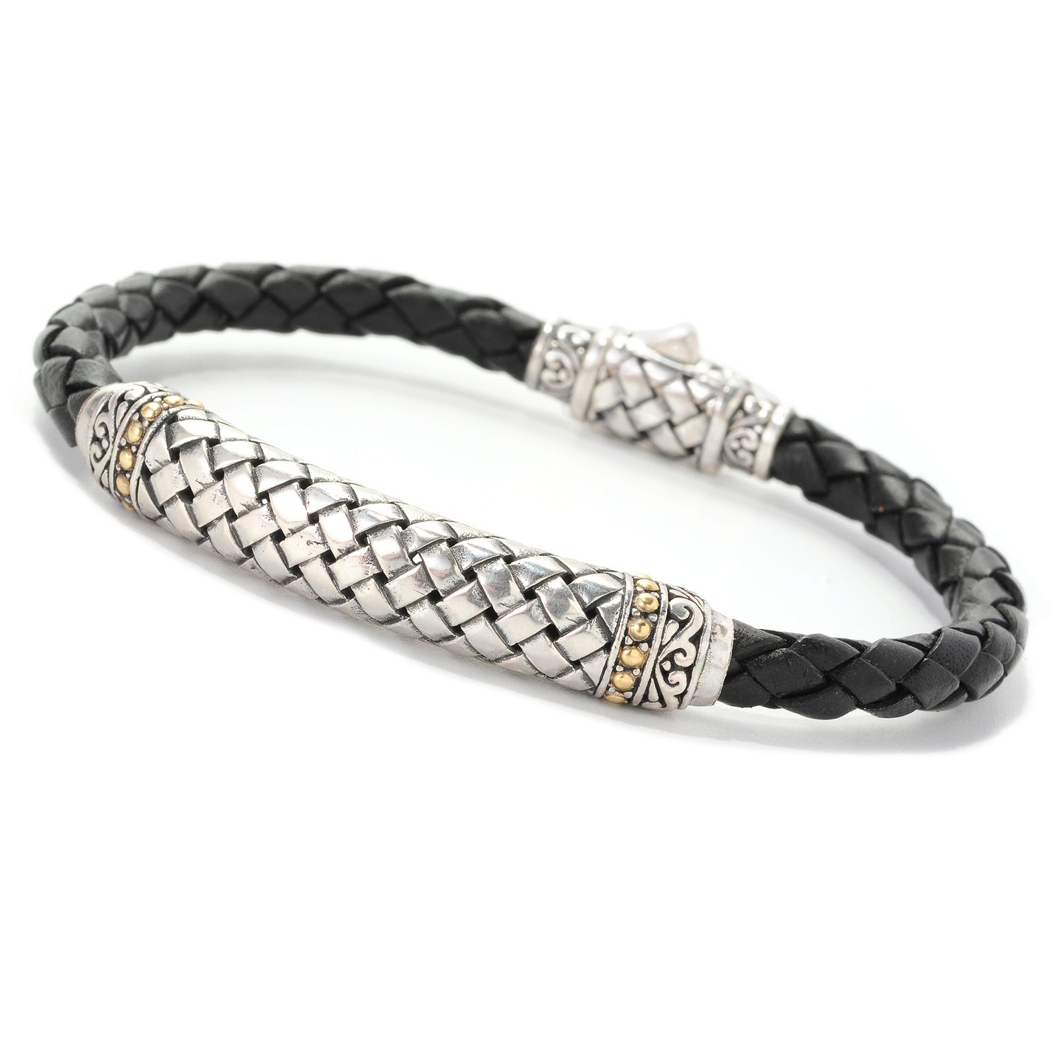 SAMUEL B STERLING SILVER & 18KT YELLOW GOLD BLACK BASKETWEAVE BRAIDED LEATHER BRACELET