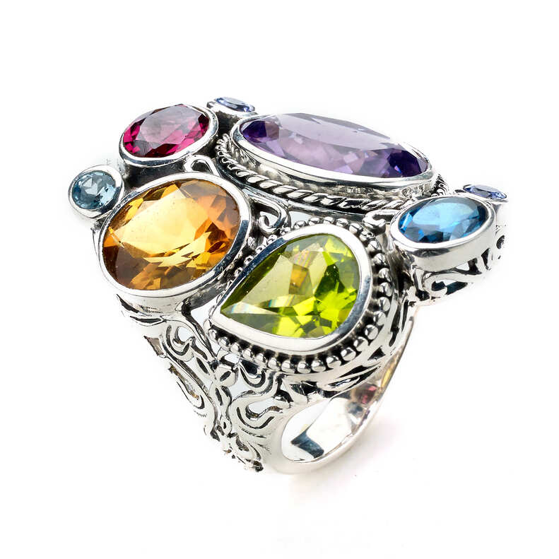 SAMUEL B STERLING SILVER MULTI SHAPE MULTI GEMSTONE RING SIZE 8