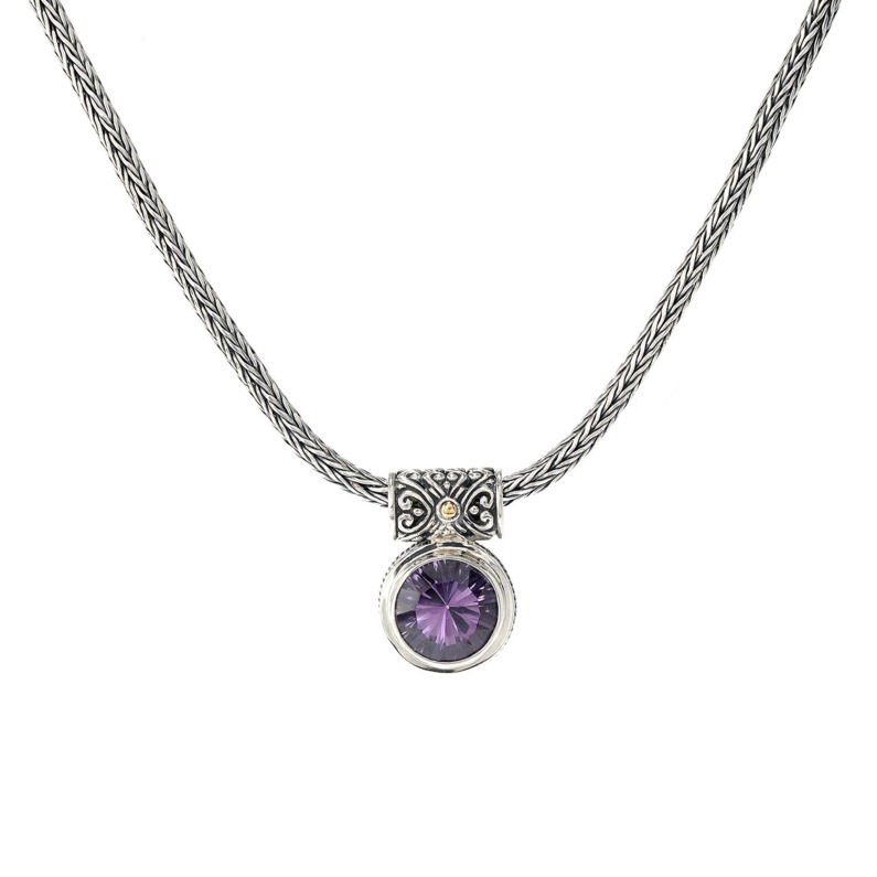 SAMUEL B COLLECTION DROPLET STERLING SILVER & 18K YELLOW GOLD BEZEL PENDANT WITH ROUND AMETHYST 18
