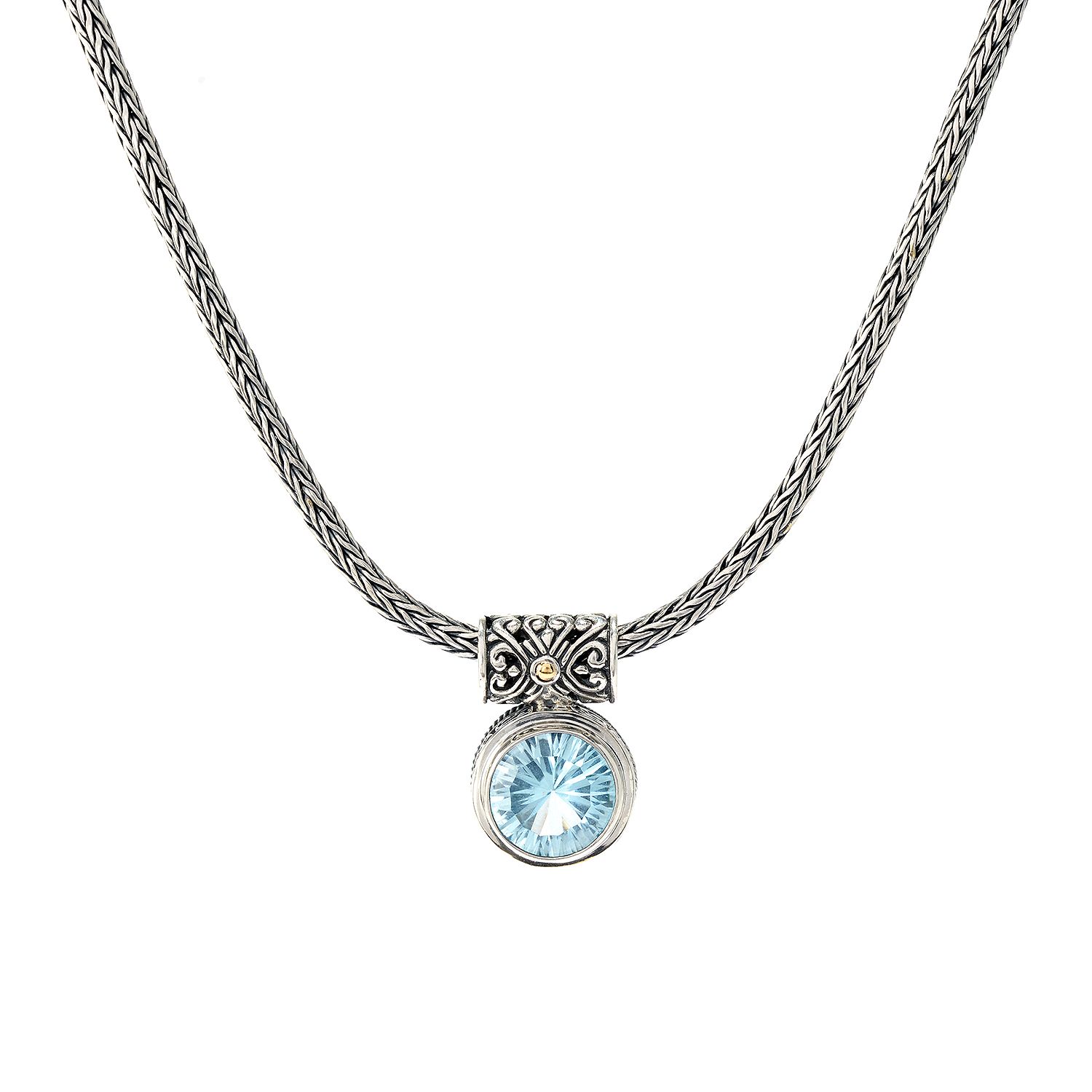 SAMUEL B STERLING SILVER & 18K YELLOW GOLD ROUND BLUE TOPAZ DROPLET NECKLACE