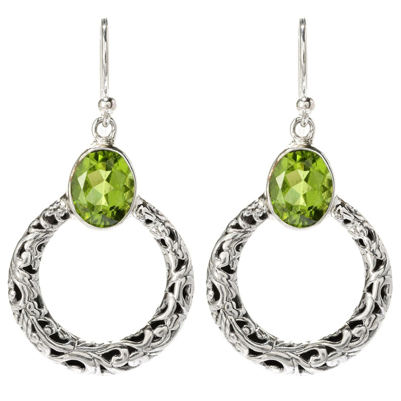 SAMUEL B COLLECTION SACRED CIRCLE STERLING SILVER DANGLE EARRINGS WITH OVAL PERIDOTS