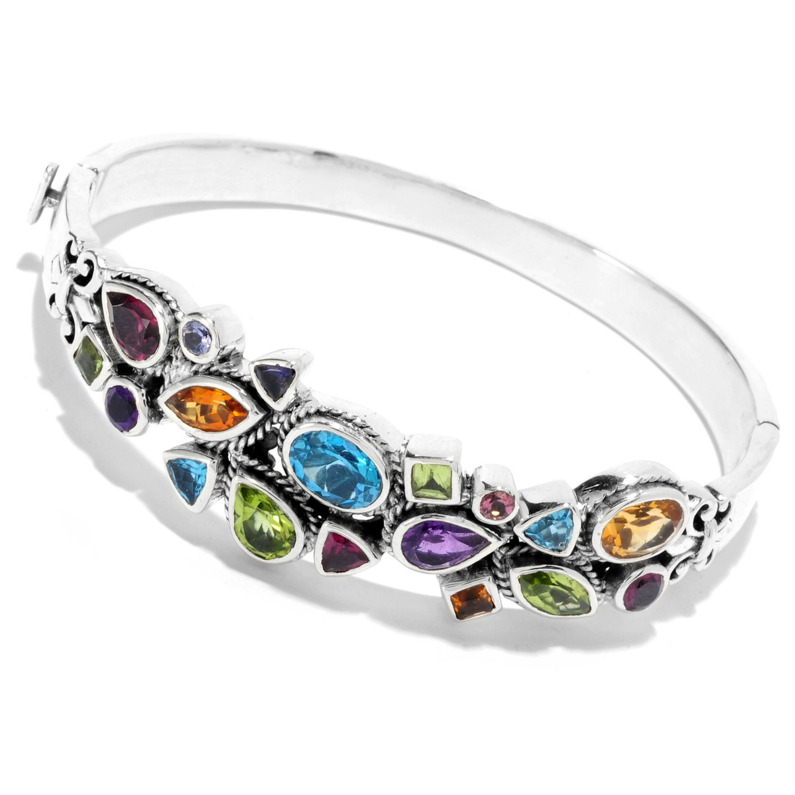 SAMUEL B COLLECTION SERENDIPITY STERLING SILVER BANGLE BRACELET WITH BEZEL SET MULTI GEMSTONES