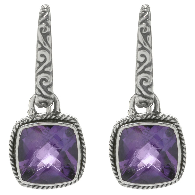 SAMUEL B COLLECTION HONESTY STERLING SILVER FLORAL DROP EARRINGS WITH CUSHION CUT AMETHYSTS