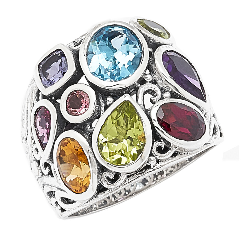 SAMUEL B STERLING SILVER BEZEL MULTI GEMSTONE RING SIZE 8