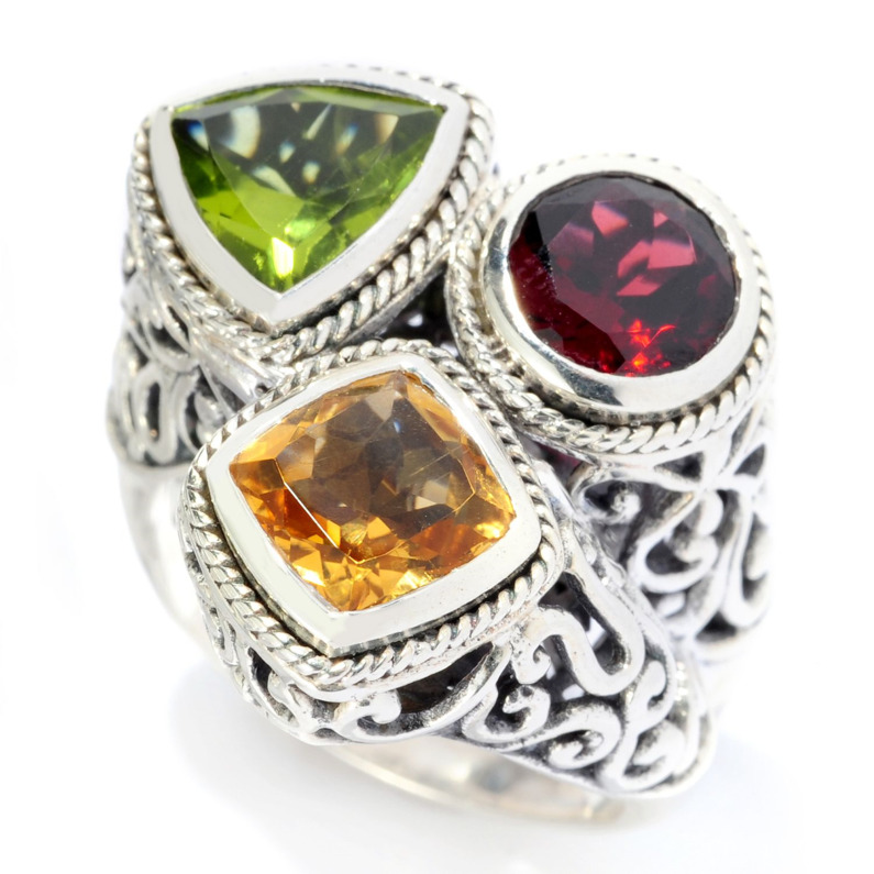 SAMUEL B COLLECTION AUTUMN STERLING SILVER SCROLL BEZEL RING SIZE 8 WITH CITRINE  GARNET  AND PERIDOT STONES