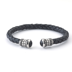 SAMUEL B STERLING SILVER BLACK ONYX BLACK LEATHER QUEST BANGLE