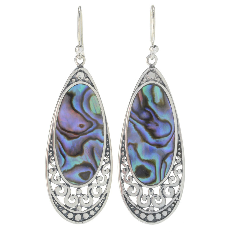 SAMUEL B COLLECTION SERENITY STERLING SILVER SCROLL DROP OVAL EARRINGS WITH PAUA