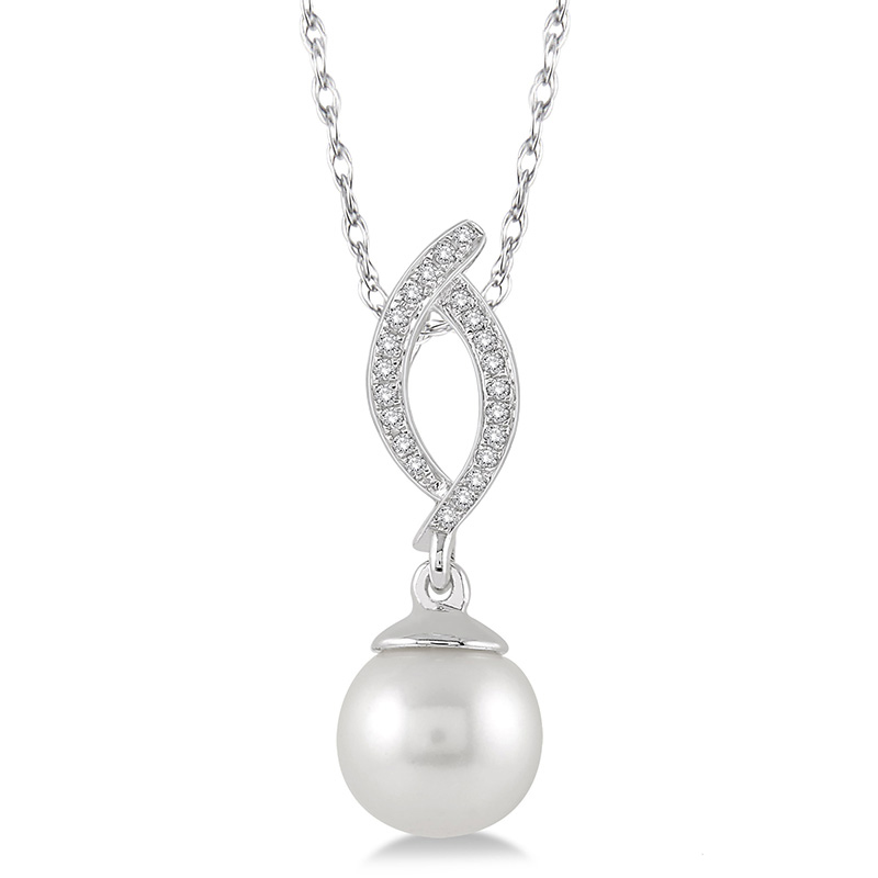 10 KARAT WHITE GOLD DROP PENDANT WITH ONE 7.00MM ROUND PEARL AND 22=0.06TW SINGLE CUT I-J COLOR I1-2 CLARITY DIAMONDS 18