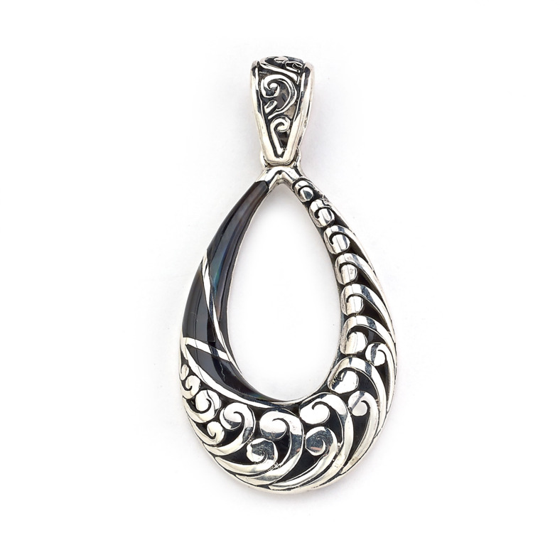 SAMUEL B COLLECTION STERLING SILVER SCROLL PEAR PENDANT WITH BLACK SHELL